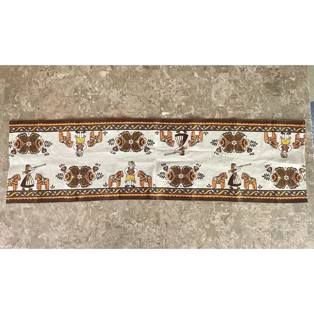 Vintage Scandinavian Folk Art Table Runner Dala Horse Rosemaling‎ Swedish Linen